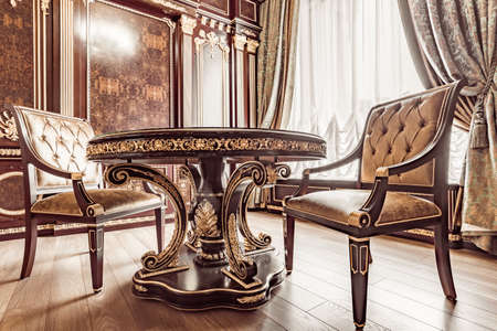 KIEV, UKRAINE - MAY 19, 2016: Interior photosession of the new demo conference room from Ukrainian furniture production. Rich style in wooden and gold textures from - Altair co.のeditorial素材