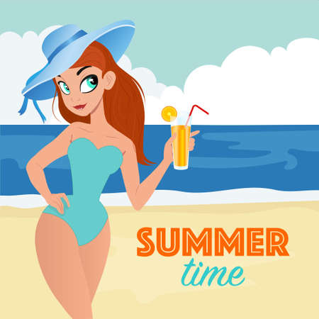 Beautiful woman with a cocktail on the beach. Girl in bikini on a beach illustration, travel and rest. Beach girl in swimsuit and hat.のイラスト素材