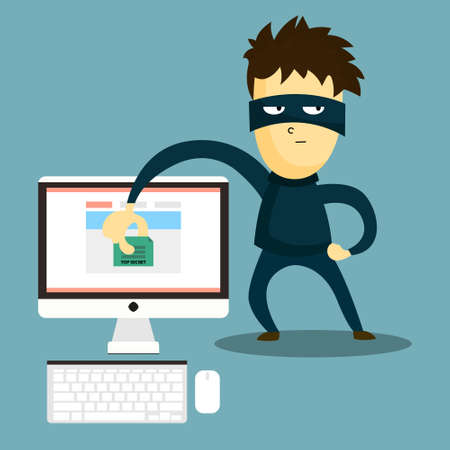 Hacker steals the document from your computer. The swindler steals data from computer. Computer hacker hacking robbery secret data.のイラスト素材