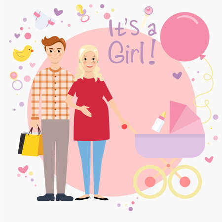 Illustration of a pregnant couple waiting for a baby girl. Happy family expecting baby. Pregnant wife and her husband.のイラスト素材