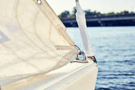 Staysail's carbine hooks on yacht before VIRA sailsの写真素材