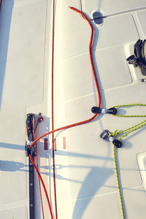 Control system staysail on sports yacht. Staysail sheet preparation