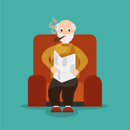 Grandpa sits in a chair reading a newspaper and smoking a pipe. Old man reading newspaper. Grandfather smoking.のイラスト素材