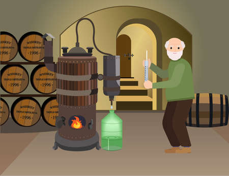 Grandpa makes alcohol whiskey drink in the basement. Copper distiller makes an alcoholic drink . Distillation machine.のイラスト素材