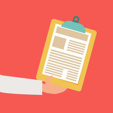 Business man hand holding paper document on clipboard vector illustration, a4 blank sheet list with text, concept of attention, announcement frame flat style design isolated on redのイラスト素材