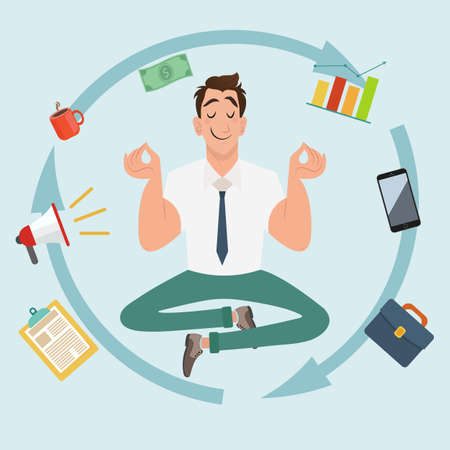 Manager character meditating and multitasking. Manager character or businessman smile and relax. Businessman meditating. Keep calm and work hard. Vector illustrationのイラスト素材