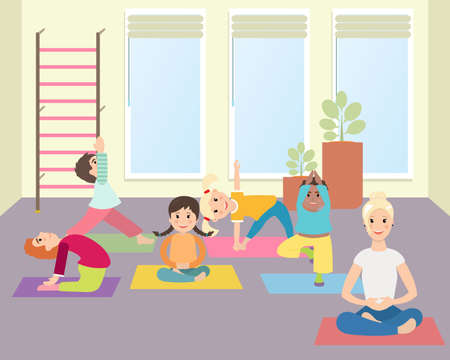 Kids yoga with Instructor in gym class. Sport lesson for children Vector illustration. Illustration of Kids Learning Yogaのイラスト素材