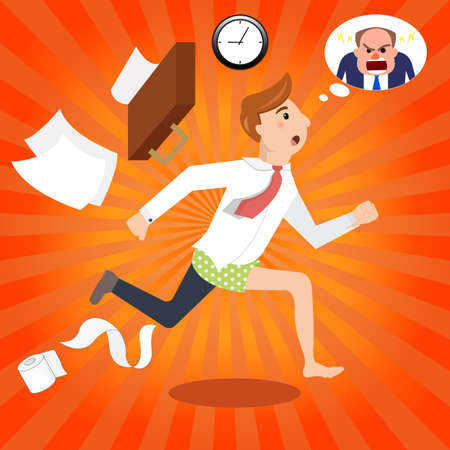 Handsome half-dressed businessman late to work. Manager is late, hurry, running to office, angry boss. The businessman going to work. Vector illustrationのイラスト素材
