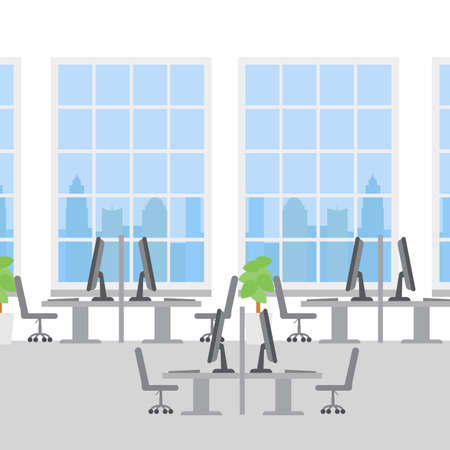 Office interior with computers and big windows. Vector illustration in a flat style. open space office building without working people.のイラスト素材