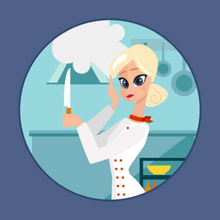 Woman chef in white uniform in the kitchen with a knife. Young attractive woman in restaurant chef hat with knife. vector illustration.のイラスト素材