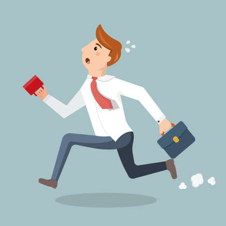Employee with a cup of coffee and briefcase late for work. Man in suit run and late for work or a meeting. Vector illustration in a flat style.のイラスト素材