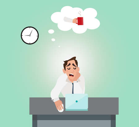 Businessman tired of the stress and dreams of a coffee. Office worker sleeping on the job. Flat style design vector illustration.のイラスト素材