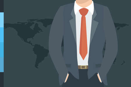 Closeup view of Businessman in nice suit on world map background. Silhouette illustration of a businessman, top part of the body. Global Business. Business concept.のイラスト素材