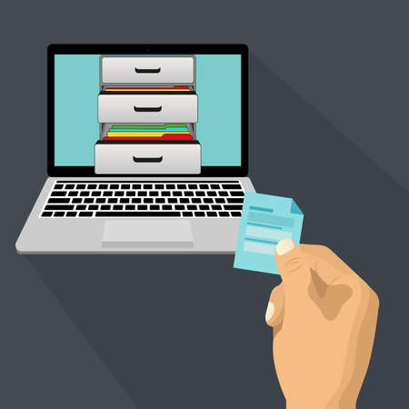 Businessman hand puts documents folder in storage on a laptop. Modern laptop with boxes of documents. Vector illustration.のイラスト素材