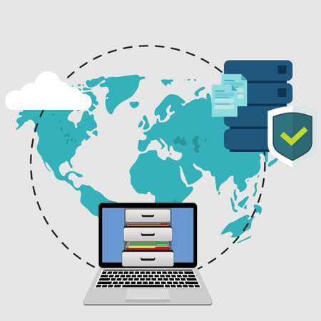 Big data secure storage from laptop with personal documents. Global storage in flat style. Cloud...