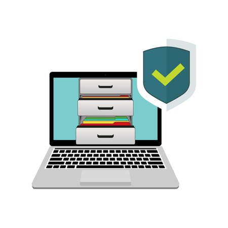 Laptop with boxes of documents and active protection. Shield and protect green checkmark for confirmation.のイラスト素材