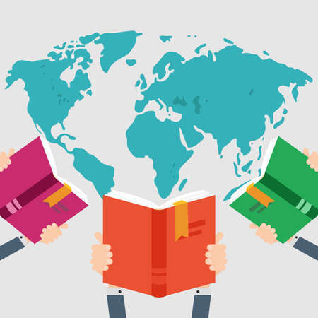 Three books in hand on world map background. Knowledge, education flat concept. Vector illustrationのイラスト素材