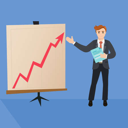 Handsome manager in formal suit is giving a presentation and showing graphs. Cartoon character - cute businessman. Report, training. Stock vector illustration in flat design.のイラスト素材