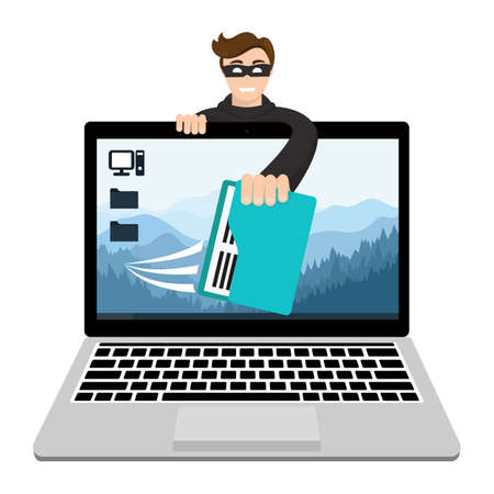 Hacker breaks into computer and data theft. Cyber attacker trying to hack computer. Vector concept abstract illustration. Isolated on white background.のイラスト素材
