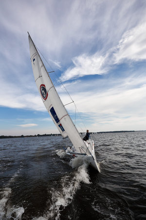Kiev, Ukraine - September 30, 2016: Sailing yacht training day. Day before race on the Kiev...