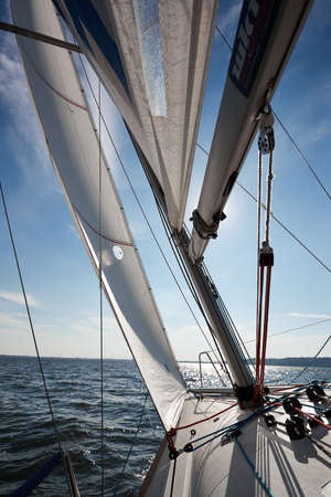 Kiev, Ukraine - September 30, 2016: Sailing yacht training day. Day before race on the Kiev reservoir or pondのeditorial素材