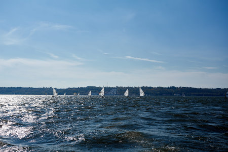 Kiev, Ukraine - September 30, 2016: Sailing yacht training day. Day before race on the Kiev reservoir or pondのeditorial素材