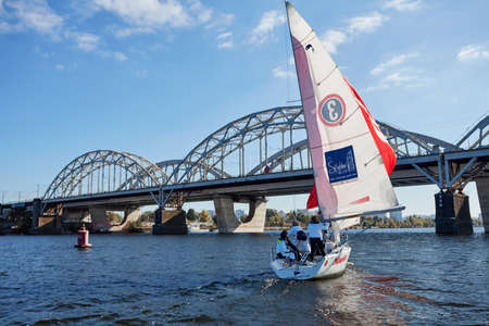 Kiev, Ukraine - September 30, 2016: Sailing yacht training day. Day before race on the Kiev reservoir or pondのeditorial素材