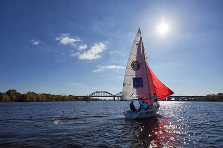 Kiev, Ukraine - September 30, 2016: Sailing yacht training day. Day before race on the Kiev reservoir or pondのeditorial素材