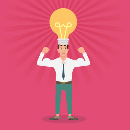 Strong young man with idea bulb on head. Light bulb. The businessman concept of idea. Head lampのイラスト素材