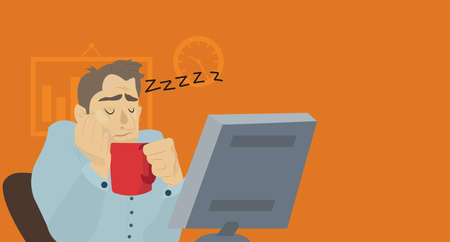 Businessman sleeping at his office desk with cup of coffee. Vector flat design illustrationのイラスト素材