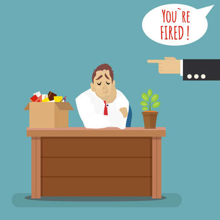 Dismissed frustrated business man with box with her things. Angry boss firing employee.のイラスト素材