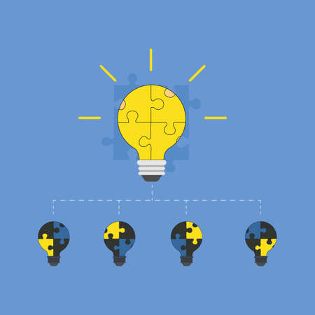 Group of small bulbs with puzzle pieces and full big lamp. Represent for team support. Cooperation and teamwork concept.のイラスト素材