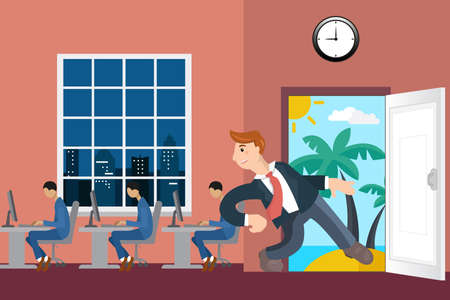 Happy man going on vacation from office flat design cartoon. The door leading to the island and the beach.のイラスト素材