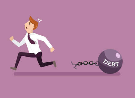 Businessman escapes from giant metal weight with a title Debt. Employee running awayのイラスト素材
