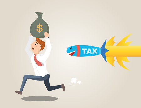 Businessman running away from rocket tax. Businessman carries a bag of moneyのイラスト素材