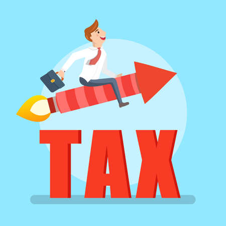 Businessman flying on a rocket avoiding tax. Happy worker sitting on a red rocket with a suitcaseのイラスト素材