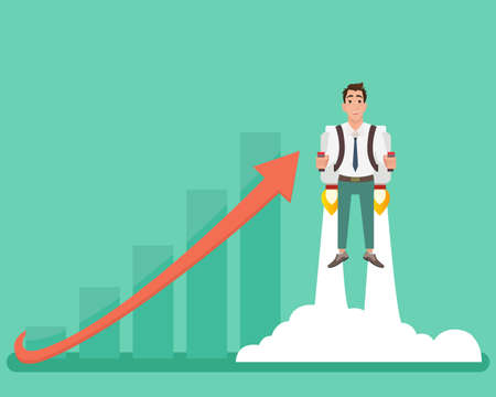 Businessman with launching rocket and growing chart. The growth of the economy. Investments up.のイラスト素材