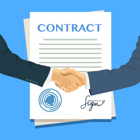 Handshake of two businessmen on the background of the contract. Signed documents.のイラスト素材