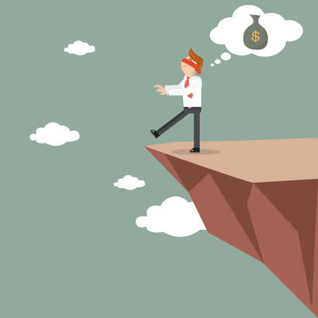 Blind business man on the cliff looking for money. The employee does not see where he was going.のイラスト素材
