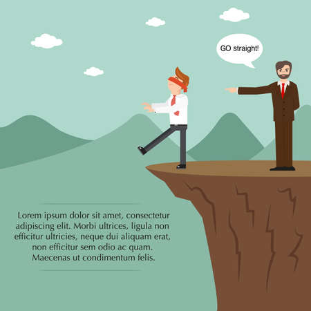 Businessman blindfolded and boss standing on the cliff. The boss tells him to go straight.のイラスト素材