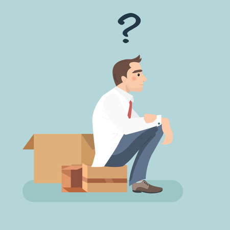 Businessman sitting on empty cardboard packing and solving problem in his mind.のイラスト素材