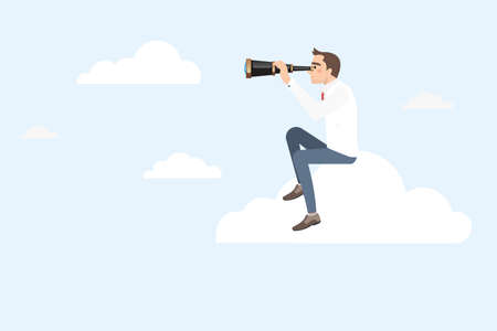 Businessman sitting on a cloud using telescope looking for success. Businessman gets a better view on the ladder.のイラスト素材