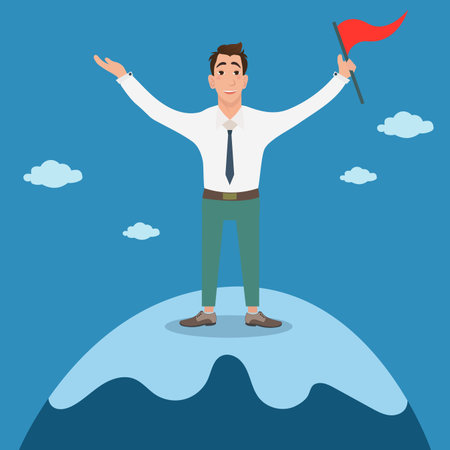 Successful businessman holding red flag on top of mountain. Success concept. Cartoon Vector Illustration.のイラスト素材