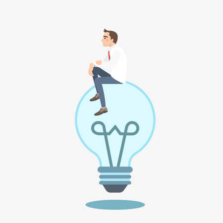 Businessman sitting on a not lit idea light bulb hatching an idea. Business thinking metaphor.のイラスト素材