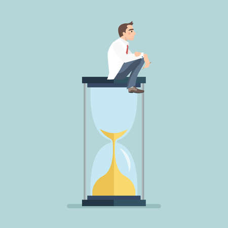 Businessman keeps thinking and sitting on a hourglass, creative thinking. vectorのイラスト素材