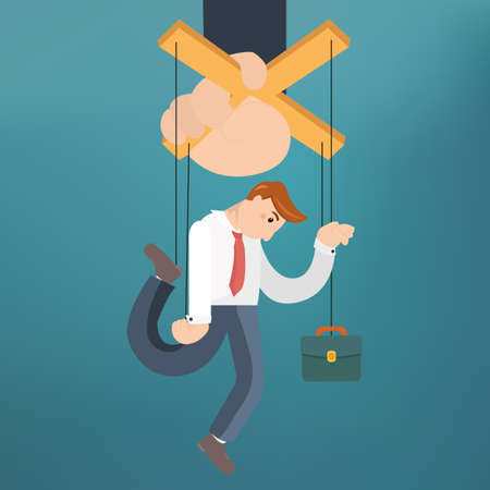 Worker marionette on ropes controlled boss hand. Vector flat illustrationのイラスト素材