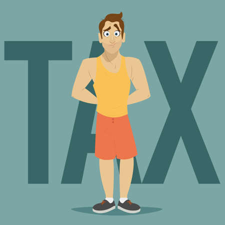 Unhappy man with no money for tax. Cartoon vector illustration for financial management and taxes concept.のイラスト素材