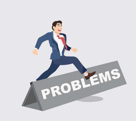Businessman leaps and jumps over hurdle with word Problems on it. Overcoming barriers to success.のイラスト素材