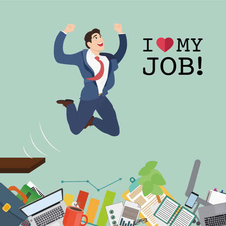 Happy businessman jumping in the work and text - I love my job. Vector illustration.のイラスト素材