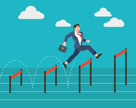 Businessman jumping higher over hurdle. Business conceptのイラスト素材